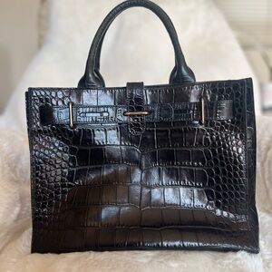 Furla black iridescent croc embossed styled satchel.